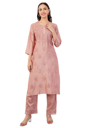 Chikankari Pastel Copper Embroidered Chanderi Silk Kurta Palazzo Set