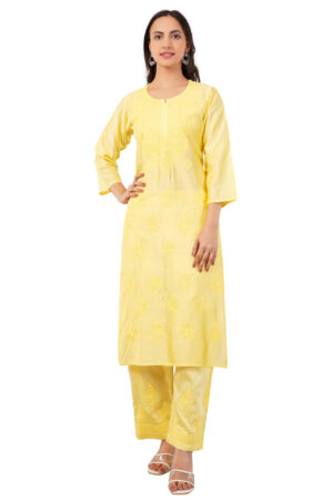 Chikankari Pastel Yellow Embroidered Chanderi Silk Kurta Palazzo Set