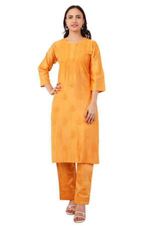 Women's Chikankari Mustard Yellow Embroidered Chanderi Silk Kurta Palazzo Set
