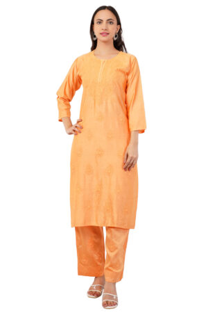 Chikankari Pastel Orange Embroidered Chanderi Silk Kurta Palazzo Set