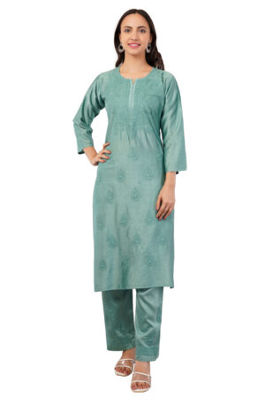 Chikankari Pastel Dark Green Embroidered Chanderi Silk Kurta Palazzo Set