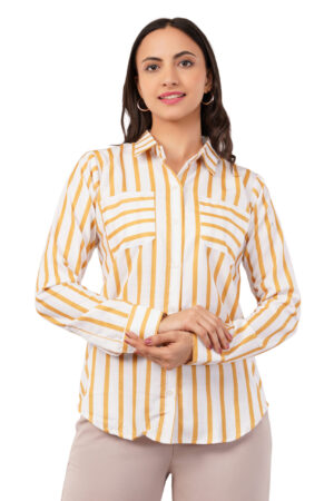 Women's Stylish Slim Fit Solid Cotton Comfortable and Breathable Fabric Casual, Formal Full Sleeves Yellow Striped Pattern Regular Fit Shirts for Office Wear (Color :- Yellow)
