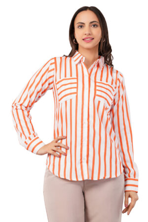 Women's Stylish Slim Fit Solid Cotton Comfortable and Breathable Fabric Casual, Formal Full Sleeves Regular Orange Striped Pattern Fit Shirts for Office Wear (Color :- Orange)