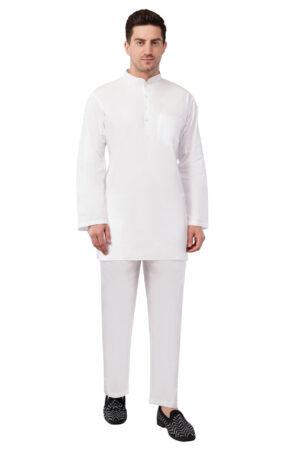 QUBOOL HAIN Men's Traditional White Short Cotton Kurta Pyjama Set with Seep Buttons