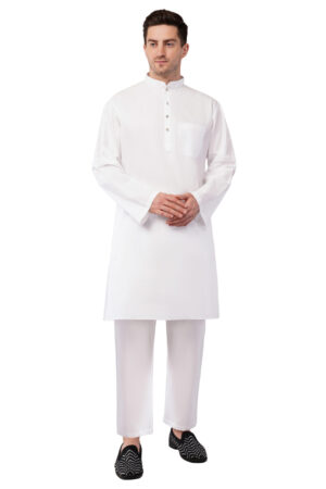 QUBOOL HAIN Traditional Long Men's Cotton Kurta Pyjama Set White with Gold Colour Glass Buttons