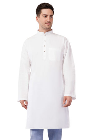QUBOOL HAIN Traditional Long Men's Cotton Kurta White with Gold Colour Glass Buttons