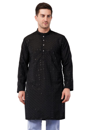 Qubool Hain Men's Sequin Embroidered Cotton Blend Only Slim Fit Black Kurta
