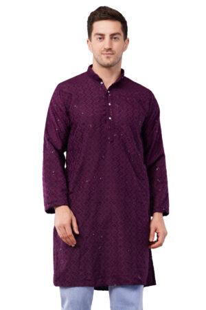 Qubool Hain Men's  Sequin Embroidered Cotton Blend Only Slim Fit Purple Kurta