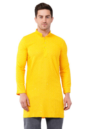 Qubool Hain Men's Sequin Embroidered Cotton Blend Only Slim Fit Yellow Kurta
