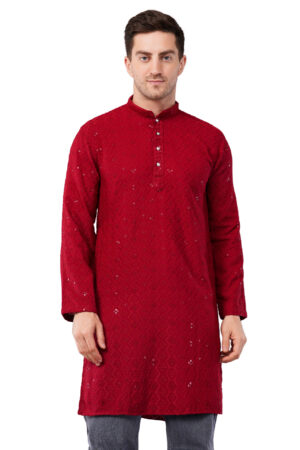 Qubool Hain Men's Sequin Embroidered Cotton Blend Only Slim Fit Red Kurta
